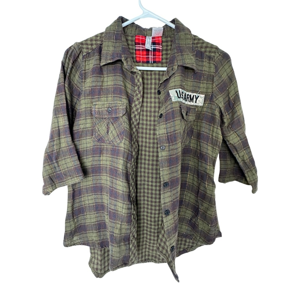 Julie & Jewels Olive & Brown Plaid Shirt Jacket with U.S. Army Patch